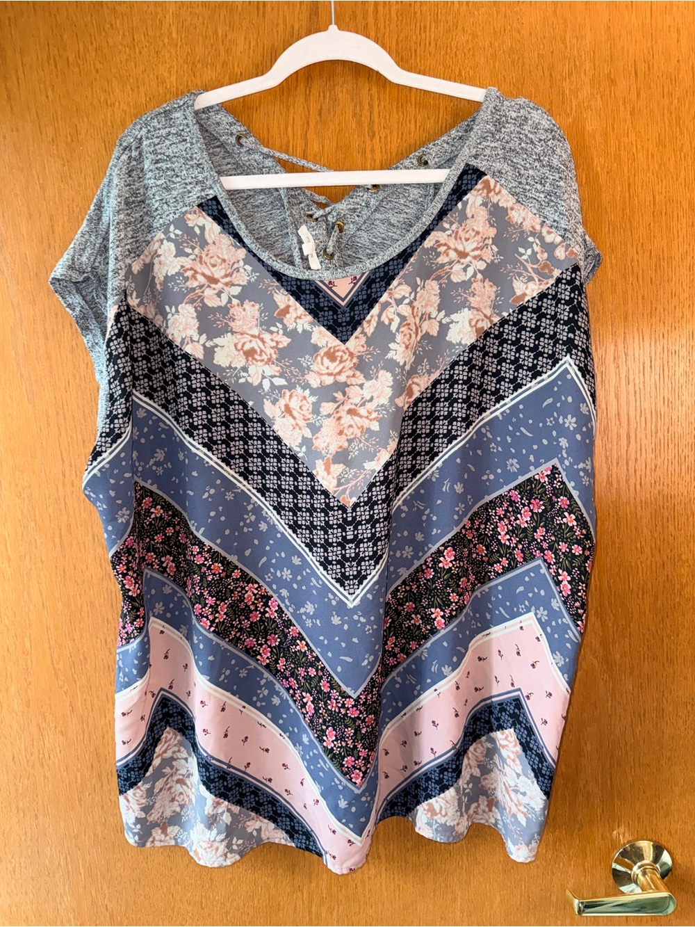 Maurices Blue and Pink Floral Chevron V-Neck Tunic